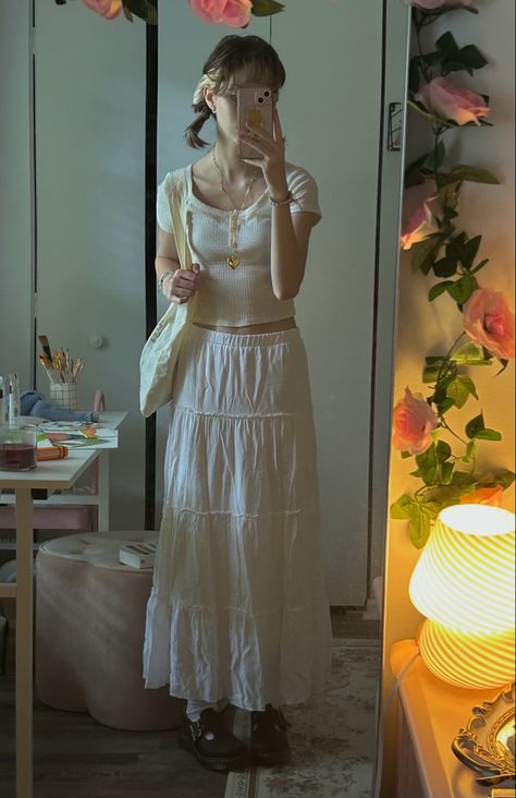 White Izzy Skirt Outfit, Midi Skirt White Outfit, Brandy Long Skirt, Mary Janes With Long Skirt, Long Skirt With Mary Janes, White Shirt And Long Skirt Outfit, White Maxi Shirt Outfit, Coquette Mary Janes Outfit, Brown Bag Outfit Ideas