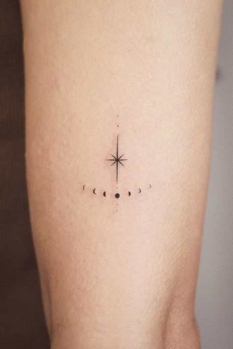 Simple Moon Phase Tattoo Designs, Minimalist Crystal Tattoo, White Tattoo Moon, Moon Phases With Stars Tattoo, Small Moon Phases Tattoo, Sister Moon Tattoos, Moon Phases Hand Tattoo, Tiny Moon Phase Tattoo, Moon Mini Tattoo