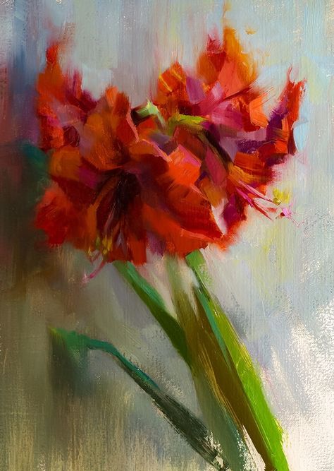 Alex Kelly, Amaryllis. Alla prima oil painting from life. Oil on linen, 9x12”. Amaryllis Painting, Simple Oil Painting, Santa Paintings, Day Lilies, Christmas Artwork, Still Life Oil Painting, Floral Oil, Painting Landscape, Ethereal Art