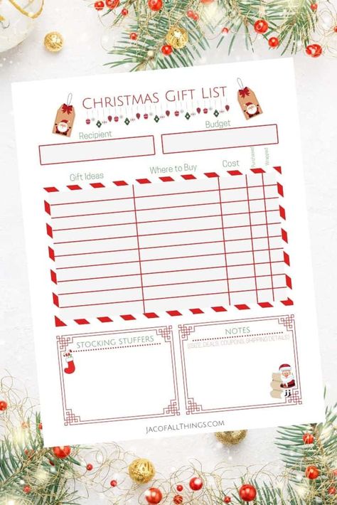 Use this free Christmas gift list printable to keep track of your Christmas gift purchases. Track gift ideas and requests, where to buy gifts, your budget, and more! #christmasgiftlist #christmasgifts Christmas Gift Planning Free Printable, Christmas Gift Budget Printable, Christmas Present List Printable, Gift List Printable Free Christmas Shopping, Christmas Gift Organizer Printables Free, Gift Planner Printable, Printable Christmas Gift List, Christmas Gift Organization, Gift Tracker Free Printable