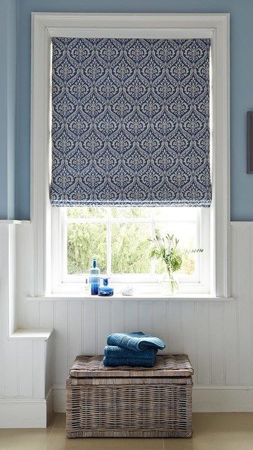 Hillarys Blue Patterned Bathroom Roman Blinds Kitchen Window Dressing, Kitchen Window Coverings, Country Bathroom Decor, Grey Blinds, Bathroom Blinds, Modern Blinds, Living Room Blinds, Bedroom Blinds, Blinds Design