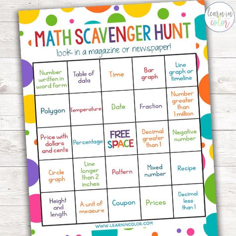 Math Scavenger Hunt Math Printable for Elementary Students Math In Everyday Life, Math Scavenger Hunt, 4th Grade Math Games, Math Night, Middle School Science Experiments, Sixth Grade Math, Fifth Grade Math, Interactive Science Notebook, Math Coloring