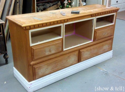 Love her description on how she turned an ordinary dresser into this. Definitely a helpful tip!  {Before & After} – dresser turned TV console | Sweet Pickins Furniture Adding Shelf, Muebles Shabby Chic, Tv Consoles, Repurposed Dresser, Dresser Tv Stand, Dresser Redo, Dresser With Tv, Furniture Redos, Furniture Rehab