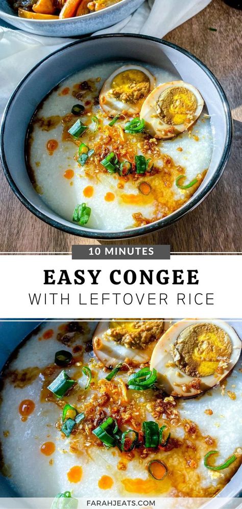 Top photo is of easy congee served in a blue bowl, topped with 2 slices of hard boiled eggs and green onions. Bottom photo is a close up of the congee. Easy Asian Recipes Healthy, Easy Congee Recipe, Asian Recipes Healthy, Rice Breakfast Recipes, Cooked Rice Recipes, Congee Recipe, Rice Breakfast, Leftover Rice Recipes, Asian Breakfast