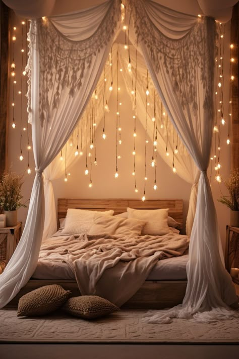 String Lights Bedroom – Nymphs Cute Boho Bedding, Fairy Light Canopy Bed, Bedroom With Twinkle Lights, Cozy Canopy Bedroom, Firefly Lights Bedroom, Cozy Bedroom Canopy, Canopy Bed For Small Bedroom, Bed With Canopy And Lights, Light In Bedroom Ideas