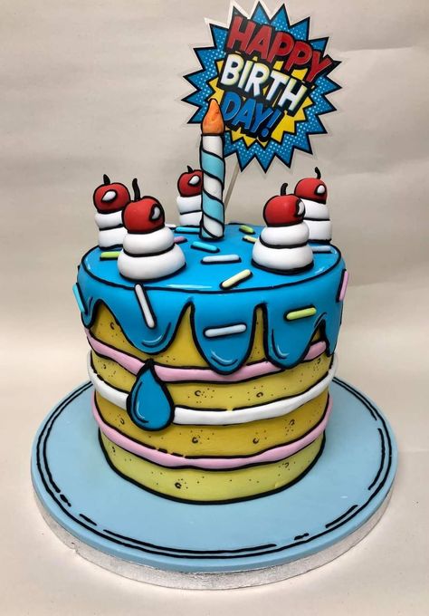 Comic Theme Cake, Pop Art Cake Ideas, Cartoon Cake For Boys, Cartoon Cake Designs Birthday, Creative Birthday Cake Ideas Unique, 12th Birthday Cake Boy, Comics Cake Ideas, Comic Cake Birthday, Comic Cupcakes