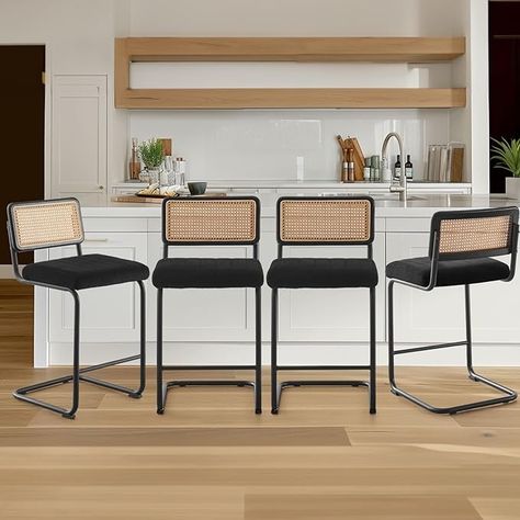 Amazon.com: 26" Rattan Bar Stools Set of 4, Counter Height Bar Stools with Cane Mesh Back and Black Base, Mid Century Modern Armless Bar Chairs Comfortable Velvet Upholstered Kitchen Island Stools, Black : Home & Kitchen Bar Chairs Design, Mid Century Bar Stools, Rattan Bar, Island Stools, Rattan Bar Stools, Chairs Design, Mid Century Bar, Stools For Kitchen Island, Counter Height Chairs