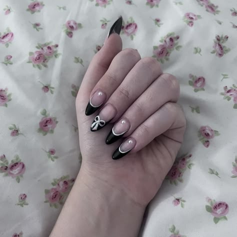 Nails design by me ;) #pinterestinspired#nalils#nailsbow#nailsdesign #pinterestsuccess #pinterestaddict#aesthetic #art #picoftheday# coquette #pintrest #pinterestphoto#photooftheday #pinterestinspo#pinterestfind #pinterestideas#pintrest Gothic Coquette Nails, Coquette Nails Black, Nail Inspo Dark, Black Nails Coquette, Dark Nails Aesthetic, Nails Coquette, Goth Coquette Nails, Black Bow Nail Design, Black Coquette Nails