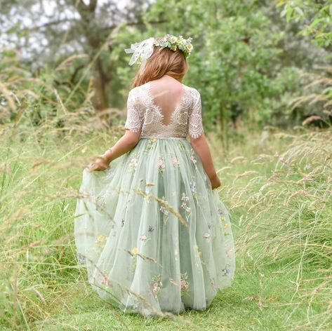 'Enchanted Dress - Fern Green /White Lace' These are so stunning, a truly beautiful girl's occasion dress. Our enchanting lace and tulle with our newest patterned lace is a perfect flower girl dress. It is made with a delicate floral patterned off-white coloured lace bodice, with a matching embroidered fern /sage green tulle skirt. The V-shaped back with unfinished lace adds the perfect vintage charm to this dress. The lace bodice is baby-soft and has a slight stretch. While our dresses are wide Flower Girl Dress For Kids, Fairy Flower Girl Dress, Olive Green Flower Girl Dress, Flower Girl Dresses Sage Green, Flower Girl Sage Green, Older Flower Girl Dresses, Flower Girl Dresses Green, Floral Flower Girl Dresses, Flower Girl Dresses Floral