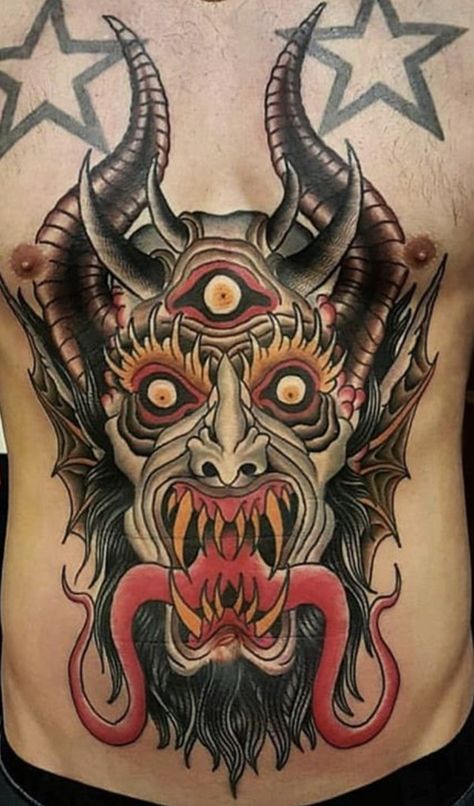 Neo Traditional Demon Tattoo, Traditional Krampus Tattoo, Traditional Demon Head Tattoo, Traditional Demon Face Tattoo, Demon Head Tattoo, Demon Tattoo Traditional, Japanese Devil Tattoo, Demon Face Tattoo, Devil Traditional Tattoo