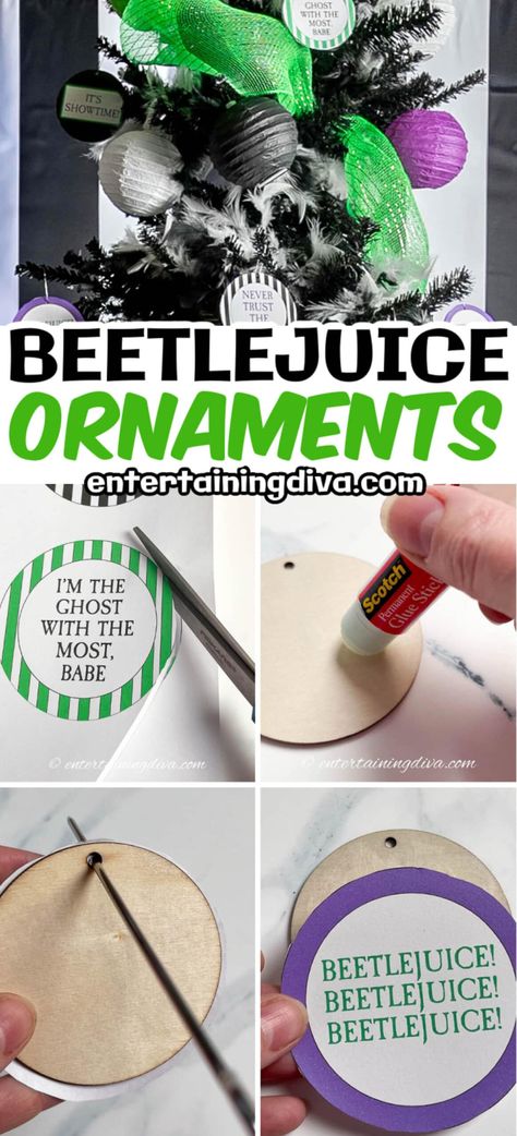 DIY Beetlejuice Tree Ornaments | Halloween Beetlejuice Tree, Beetlejuice Christmas Tree, Diy Beetlejuice, Merry Gothmas, Diy Halloween Tree, Beetlejuice Party, Halloween Tree Decorations, Fun Diy Halloween Decorations, Easy Ornaments