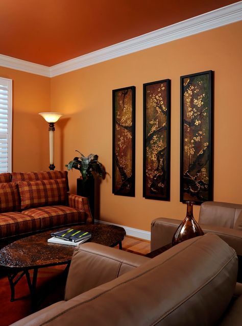 Terracotta Color Wall, Orange Wallpaper Living Room, Orange Living Room Walls, Living Room Decor Orange, Burnt Orange Living Room, Exterior House Colors Combinations, Tan Living Room, House Paint Color Combination, Black Living Room