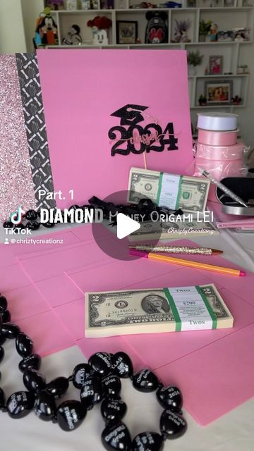 ChriztyCreationz on Instagram: "Part. 1 of a Series of GRADUATION Leis / Boquet / Crown / DIY / Decor … Diamond Lei for our baby girl SALEEN …. Class-of-2024  #graduation #lei #classof2024 #proudmomma #diy #foryou #fyp #money #moneyorigami #art #pink #sparkle #bling #tutorial #chriztycreationz💋" How To Make Leis Tutorials, Money Sash Graduation Diy, Money Crown Graduation, Money Leis For Graduation Diy, How To Make Leis, Crown Money, Graduation Leis Diy, Candy Lei, Crown Diy