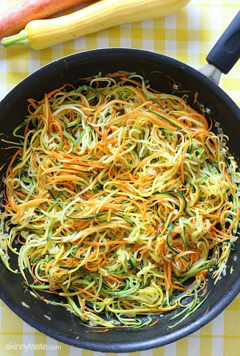 Sauteed Julienned Summer Vegetables by skinnytaste #Zucchini #Light #Healthy Zucchini Yellow Squash, Garlic And Oil, Summer Vegetables, Sauteed Zucchini, Veggie Noodles, Spiralizer Recipes, Yellow Squash, Summer Vegetable, Zucchini Noodles