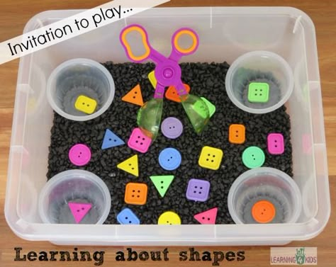 Learning about shapes in a sensory bin activity Kindergarten Sensory, Sensory Tubs, Shape Sort, Shapes Preschool, Sensory Boxes, Learning Shapes, Shapes Activities, Sensory Table, Kids Sensory