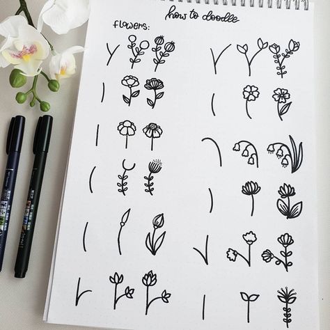 How to doodle 'flowers' 🌼 . . . #fauxcalligraphy #handlettering #typeography #calligraphy #lettering #calligraphydaily… Flower Doodles Step By Step, Doodles Step By Step, Trin For Trin Tegning, Aesthetic Doodles, How To Doodle, Simple Flower Drawing, Easy Flower Drawings, Arte Doodle, Doodle Art Journals