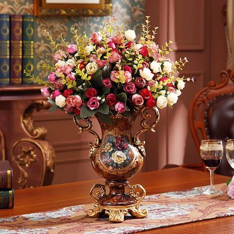 Note: This product contains artificial flowers.Retro luxurious European style amphorae vase paired with romantic simulated bouquets. Place this beautiful artificial flower decoration on your dining room table, coffee table or entryway cabinet to add beauty to your home. (This product requires the artificial flowers to be compressed and transported. After unpacking, you can refer to the pictures to organize and restore them. Due to the blooming status of the artificial flowers, the height and wid Lobby Flowers, Vintage Flower Arrangements, Victorian Rooms, Resin Vase, Luxury Vase, Big Vases, Spring Decorations, Elegant Vases, Memorial Flowers