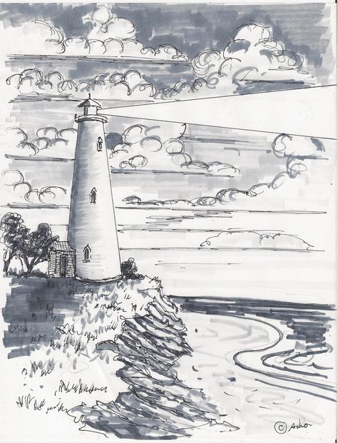 How to Draw Worksheets for The Young Artist: How to Draw a Lighthouse, Outdoor Scene Drawing, Outdoor Drawings, Scenes To Draw, Draw A Lighthouse, Outdoor Drawing, Scene Sketch, Lighthouse Sketch, Landscape Drawing Tutorial, Lighthouse Drawing