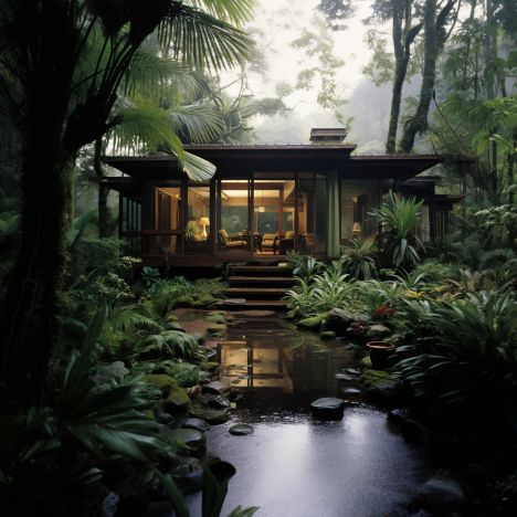 modern open design house in center of rainforest Rainforest Beach House, Rainforest House Architecture, Rainforest Cabin, Tropical Cabin, Rainforest Aesthetic, Rainforest House, Forest Landscaping, Rainforest Home, Mediterranean Forest