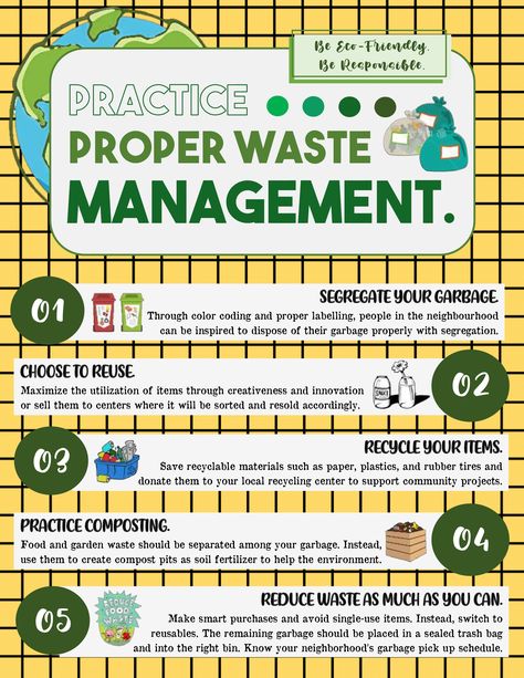 Waste Disposal is a usual part of our daily routines. As the world continues to advance, plastics and other materials were created for convenience. However, it is unavoidable for the citizens to properly manage their wastes that comes mostly from our homes. Through this, waste segregation are not just encourage to achieve an effective waste management. But, it is also strictly implemented as most countries have laws that could charge fine and imprisonment for those who would violate it.  In the Waste Segregation Infographic, Solid Waste Management Infographic, Project On Waste Management, Waste Disposal Poster, Waste Management Infographic, Proper Waste Management Poster, 5rs Of Waste Management, Proper Waste Disposal Poster, Waste Segregation Poster