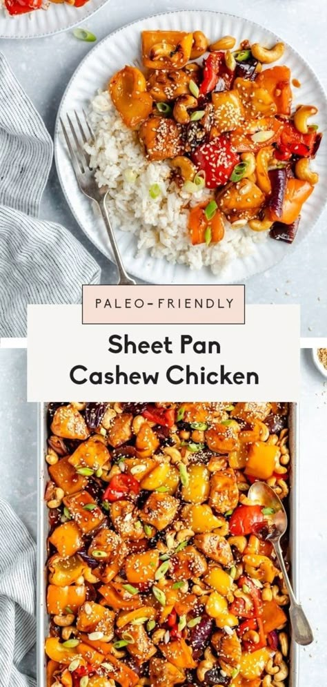 Delicious sheet pan cashew chicken packed with a rainbow of veggies for the perfect weeknight dinner! This easy, healthy cashew chicken recipe is wonderful served with a side of rice or cauliflower rice and makes the best meal prep for busy weeks. #sheetpan #onepanmeal #healthydinner #dinner #glutenfree #mealprep Cashew Chicken Sheet Pan, Sheet Pan Chicken And Cauliflower, Easy Meal Prep Lunches High Protein, Fast Meal Prep Ideas, Healthy Casserole Recipes For Dinner Clean Eating, Easy Rice Lunch Ideas For Work, Celiac Dinner Recipes, High Protein Weeknight Meals, Chicken One Sheet Pan Meals