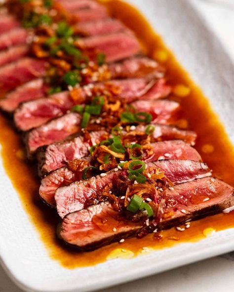 Beef tataki with yuzu dressing Yuzu Dressing, Beef Tataki, Garlic Chips, Japanese Beef, Japanese Grocery, Easy Steak, Recipetin Eats, Fried Shallots, Slow Roast