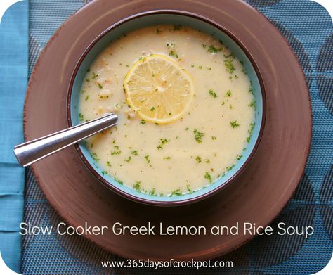 Greek Lemon Rice Soup: (like avlegamono or w/e)  5 cups water  5 tsp chicken bouillon  1/2 cup brown rice or pearl barley  1 Tbsp dried parsley flakes  3 egg yolks  1/4 cup lemon juice  Salt and pepper Meatless Slow Cooker Recipes, Greek Lemon Soup, Greek Lemon Rice Soup, Lemon Rice Soup, Lemon Soup, Soup Recipes Slow Cooker, Healthy Slow Cooker, Slow Cooker Recipes Healthy, Rice Soup