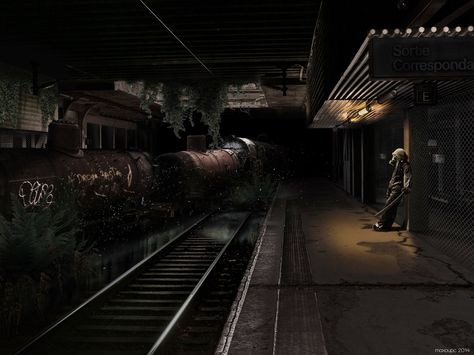 Apocalypse Train Station, Utopia Dystopia, Dystopian Art, Doomsday Survival, Metro 2033, The Sun Will Rise, Lovecraftian Horror, World Of Tomorrow, Train Stations