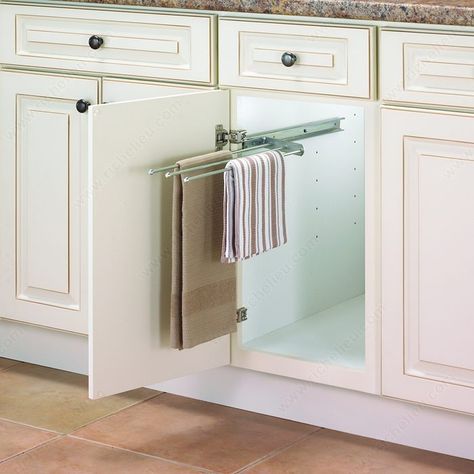 Pull-Out Towel Bar - Richelieu Hardware Base Cabinet Storage, Kitchen Towels Storage, Chrome Towel Bar, Architecture Renovation, Primitive Bathrooms, Kitchen Towel Holder, Towel Organization, Inside Cabinets, Towel Racks