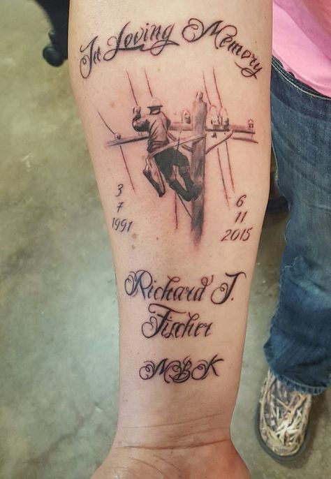 Power Lineman Tattoo, Lineman Tattoos For Men, Lineman Tattoos, Dragon Tattoo Stencil, Plant Building, Power Lineman, Remembrance Tattoos, Memorial Tattoo, Memorial Tattoos