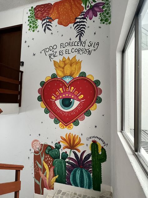 Mural con diseño de la cultura mexicana, con el corazón sagrado representativo del país diseñado aa mi manera y mi estilo. flores y plantas de méxico Mexican Art Aesthetic, Mexican Room Decor Ideas, Vintage Mexican Aesthetic, Mexican Room Decor, Mexican Room, Mexican Restaurant Design, Latina Art, Mexican Artwork, Mexico Design