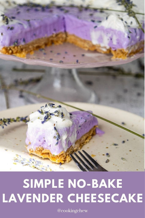 A slice of lavender cheesecake on a white plate with a fork. Lavender Cheesecake No Bake, Lemon Lavender Cheesecake, Easy Pretty Dessert, Honey Lavender Cheesecake, Lavender Recipes Baking, Lavender Baked Goods, Lavender Cheesecake Recipe, Summer Baked Goods, Lavender Desserts