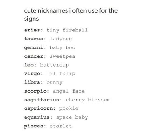 Nicknames for the signs. Pisces Nickname, Zodiac Nicknames, Capricorn Nicknames, Nicknames For Enemies, Nicknames For Friends, Nicknames For Girls, Good Nicknames, Aesthetic Rainbow, Aries Zodiac Facts