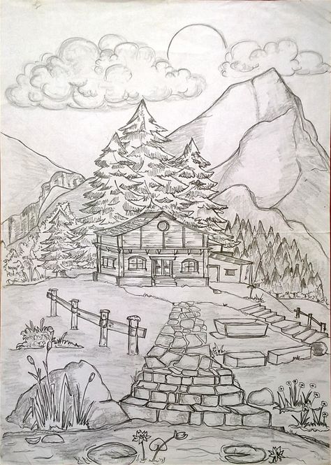 Drawing of Heidi's home on top hill Tree And Mountain Drawing, Hill Station Drawing, Hill Sketch, Hills Drawing, Library Windows, Fall Library, Anime Drawings For Beginners, Grass Drawing, Village Drawing