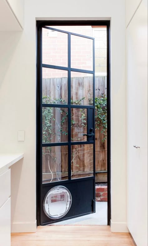 Steel Glass Doors Exterior, Laundry Door With Dog Door, Interior Dog Door, Glass Door With Doggie Door, French Door With Dog Door, Patio Doors With Dog Door, Small Patio Doors Ideas, French Doors With Doggie Door, Doggy Doors To Outside