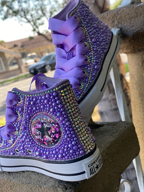 Converse Ideas, Sparkle Crafts, Purple Quince, Bedazzled Shoes, Diamond Shoes, Bling Converse, Worship Dance, Pretty Sneakers, Custom Bling