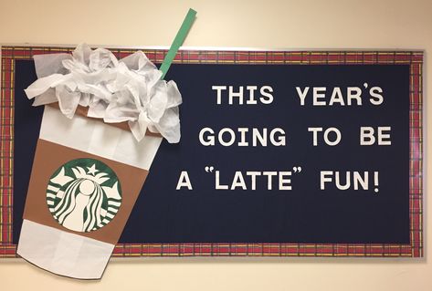 Welcome New Staff Bulletin Board, Pto News Bulletin Board, Boba Bulletin Board, Back To School Bulletin Boards Cafeteria, Back To The Daily Grind Bulletin Board, Welcome Back High School Bulletin Board, Bulletin Board Themes College, Welcome To Class Bulletin Board, Preschool Bulliten Boards