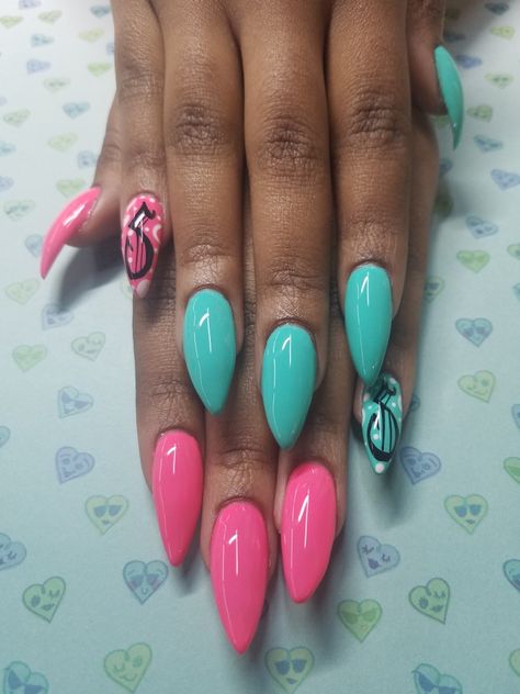 Green and pink nails Pink Turquoise Nails, Turquoise And Pink Nails Designs, Teal And Red Nails, Teal Pink Nails, Pink And Green Nail Art, Pink And Turquoise Nails, Turquoise And Pink Nails, Hot Pink And Turquoise Nails, Teal And Pink Nails