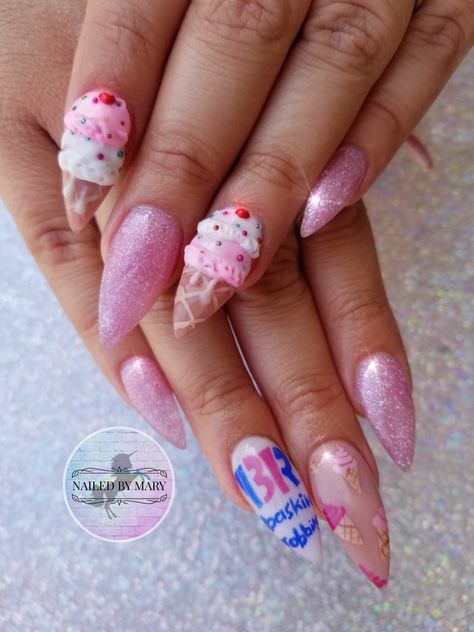 3d Ice Cream Nail Art, 3d Sculpture Nail Art, Ice Cream Cone Nail Art, Ice Cream Cone Nails, Nail Art Ice Cream, Monthly Nails, Dessert Nails, Ice Cream Nail Art, Candy Nail Art