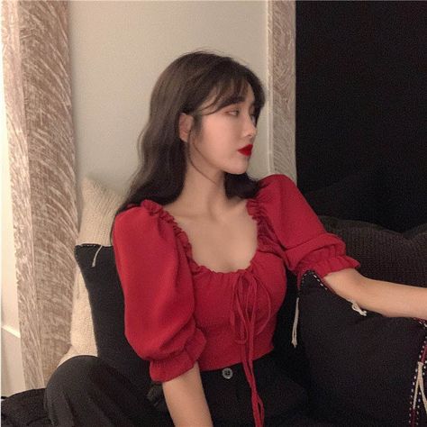 Pure Color Puff Sleeve Square Collar Temperament Shirt Puff Sleeves Outfit Korean, Casual Fitted Puff Sleeve T-shirt, Casual V-neck Puff Sleeve Top, Chic Black V-neck Puff Sleeve Top, Feminine Puff Sleeve Top With Ruffles V-neck, Blusas Top, Flirty Tops, Puff Sleeve Blouse, Red Shirt