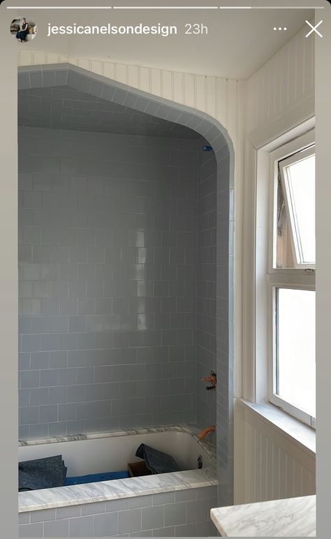 Shower Near Window, Tiled Archway Bathroom, Small Alcove Bathtub, Windows Above Bathtub, Arch Over Tub, Tub Built In, Stacked Shower Niche, Tile Drop In Tub, Turn Of The Century Bathroom