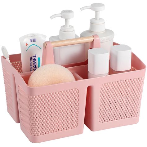 PRICES MAY VARY. Storage Capacity: The large-capacity plastic shower caddy has 3 compartments for better classification and storage of items such as toiletries, shampoo, conditioner, body wash, toothbrush, toothpaste, facial cleanser, lotion, essential oils, shaving cream, bath salts, face cream, serum, hand cream, and more infant bath toys and skincare products. Easy to Use and Clean: The shower caddy portable features a natural wooden handle that has been polished and treated with a waterproof Bathroom College, Cleaning Caddy, Dorm Bathroom, Pink Dorm, Bathroom Caddy, College Dorm Room Essentials, Amazing Showers, College Girl Dorm, College Dorm Room Decor