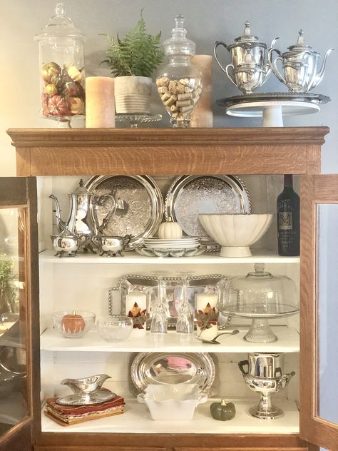 Silver Tea Set Decor Ideas, How To Display Silver Pieces, Displaying Silver Pieces, How To Display Crystal In China Cabinet, Tea Set Decor, Silver Coffee Set, Milk Glass Display, China Cabinet Decor, Silver Serveware