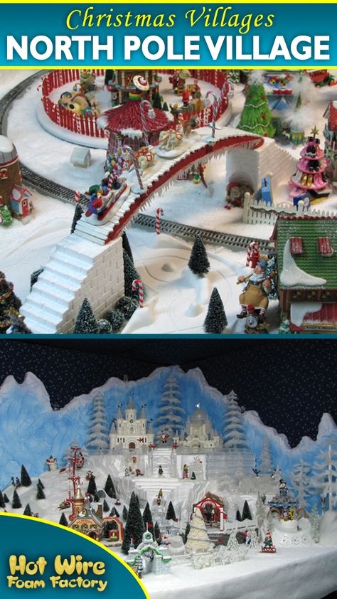 Kevin Beers made this festive North Pole Department 56 village display using foam for the base and mountain backdrop. It measures to about 200 square feet of displays space. #christmasvillage #villagedisplay #department56 #christmasdecorating #christmasdecor Village Backdrop, North Pole Village, Diy Christmas Fireplace, Diy Christmas Village Displays, Christmas Tree Village Display, Department 56 Christmas Village, Foam Factory, North Pole Christmas, Christmas Tree Village