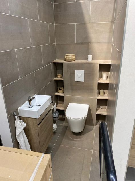 Toilet Cupboard Ideas, Cloakroom Toilet Storage Ideas, Built In Toilet Storage, Cupboard Toilet, Toilet Cupboard, Toilet Closet, Small Downstairs Toilet, 2024 Bathroom, Cloakroom Toilet