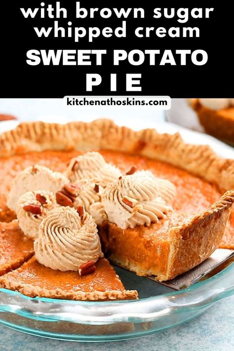 Sweet Potato Pie features a buttery, flaky crust filled with an ultra-creamy, smooth sweet potato filling and topped with clouds of brown sugar whipped cream. It is bursting with flavor and doesn't crack as it cools! Homemade Sweet Potato Pie, Sweet Potato Pie Southern, Potato Pie Recipe, Gluten Free Sweet Potato, Potato Waffles, Sweet Potato Pies Recipes, Sweet Potato Waffles, Sweet Potato Cake, Southern Desserts