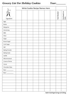 Cookie Ingredients Chart, Grocery List For Holiday Cookies, Baking Ingredients List, Cookie Baking Tips, Grocery List Printable Free, Baking Chart, Stain Concrete, Shopping Checklist, Holiday Baking List