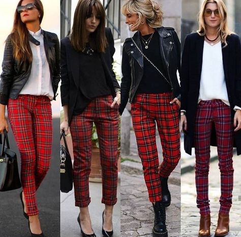 Tartan Pants Outfit, Red Plaid Pants Outfit, Plaid Leggings Outfit, Outfit Pantalon Rojo, Checkered Pants Outfit, Plaid Clothes, Red Pants Outfit, Plaid Pants Outfit, Outfits Leggins