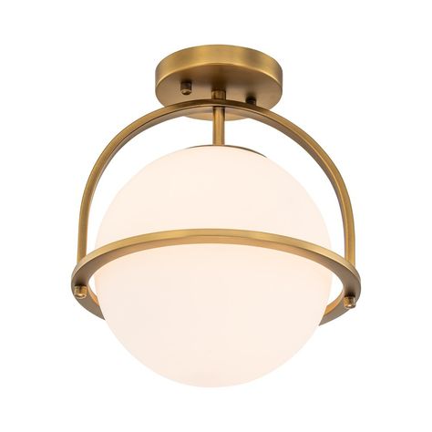 Introducing a mesmeric fusion of mid-century and luxe modern styles with this opulent 1-light sphere ceiling light. Its streamlined semi-ring frame supports a wide milky white glass globe that creates a unique geometric silhouette, crowned with a vintage brass finish. This elegant opal glass globe semi flush mount lighting casts a warm, inviting glow, perfect for enhancing the atmosphere of any indoor room. Mudroom Pendant Light, Vintage Semi Flush Ceiling Lights, Mid Century Modern Hallway Lighting, Semi Flushmount Light, Library Lighting Ceiling, Mid Century Modern Flush Mount Lighting, Powder Room Ceiling Light, Lighting For Laundry Room, Lights For Laundry Room