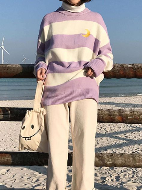 Moon Sweater, Women Sweaters, Striped Short, Jumpers For Women, Drop Shoulder, Khaki Pants, Jumper, Round Neck, Sweaters For Women